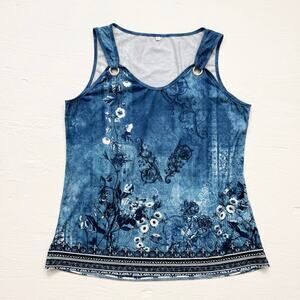 Blue Floral Print Tank Top With Metal Ring Straps, Size Large
